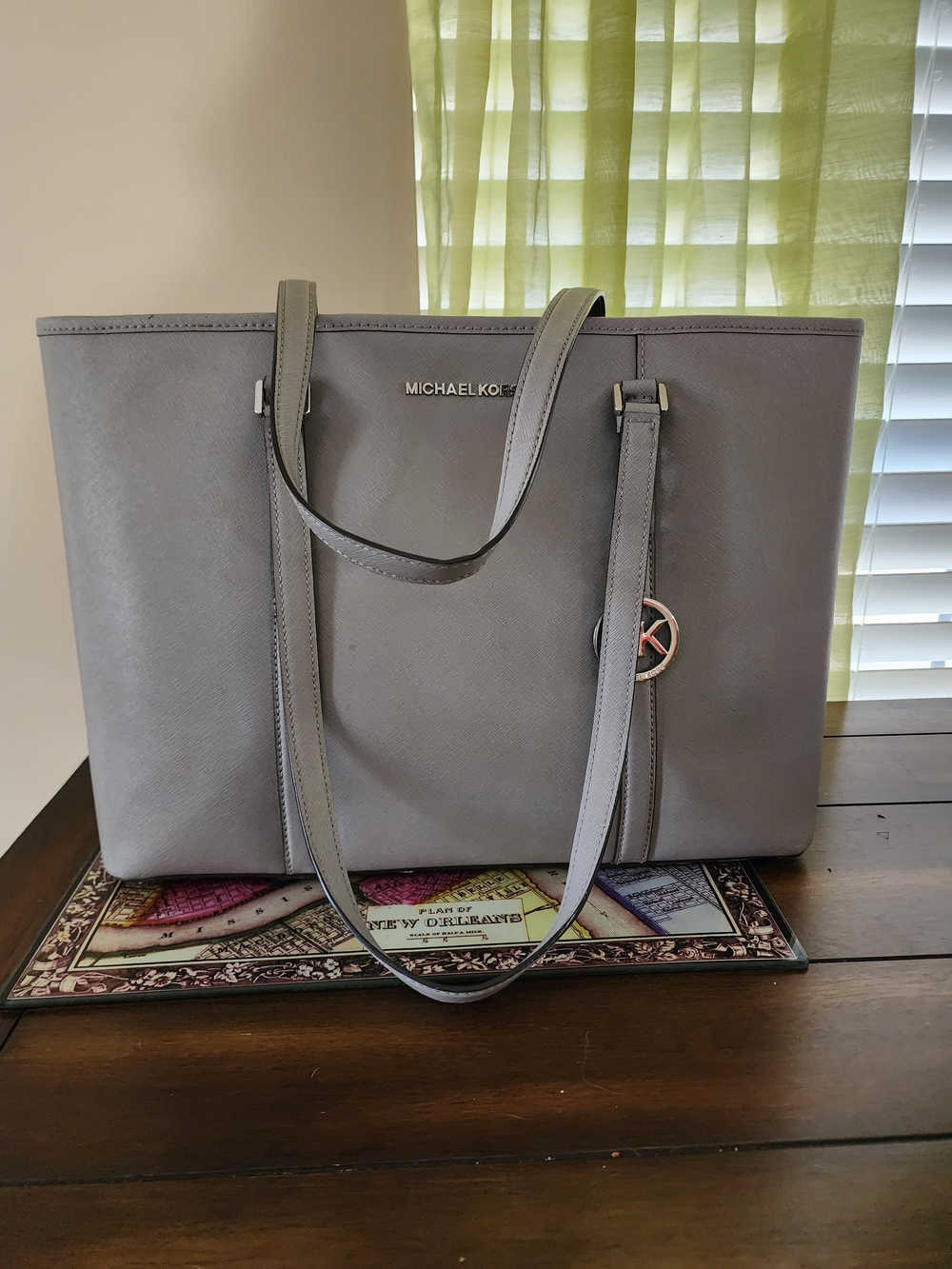 Michael Kors Gray Saffiano Leather Tote with MK Charm